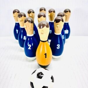 MUJI Football Team Skittles Blue Wooden 3 1/2” Bowling Ball & Pin Play Set